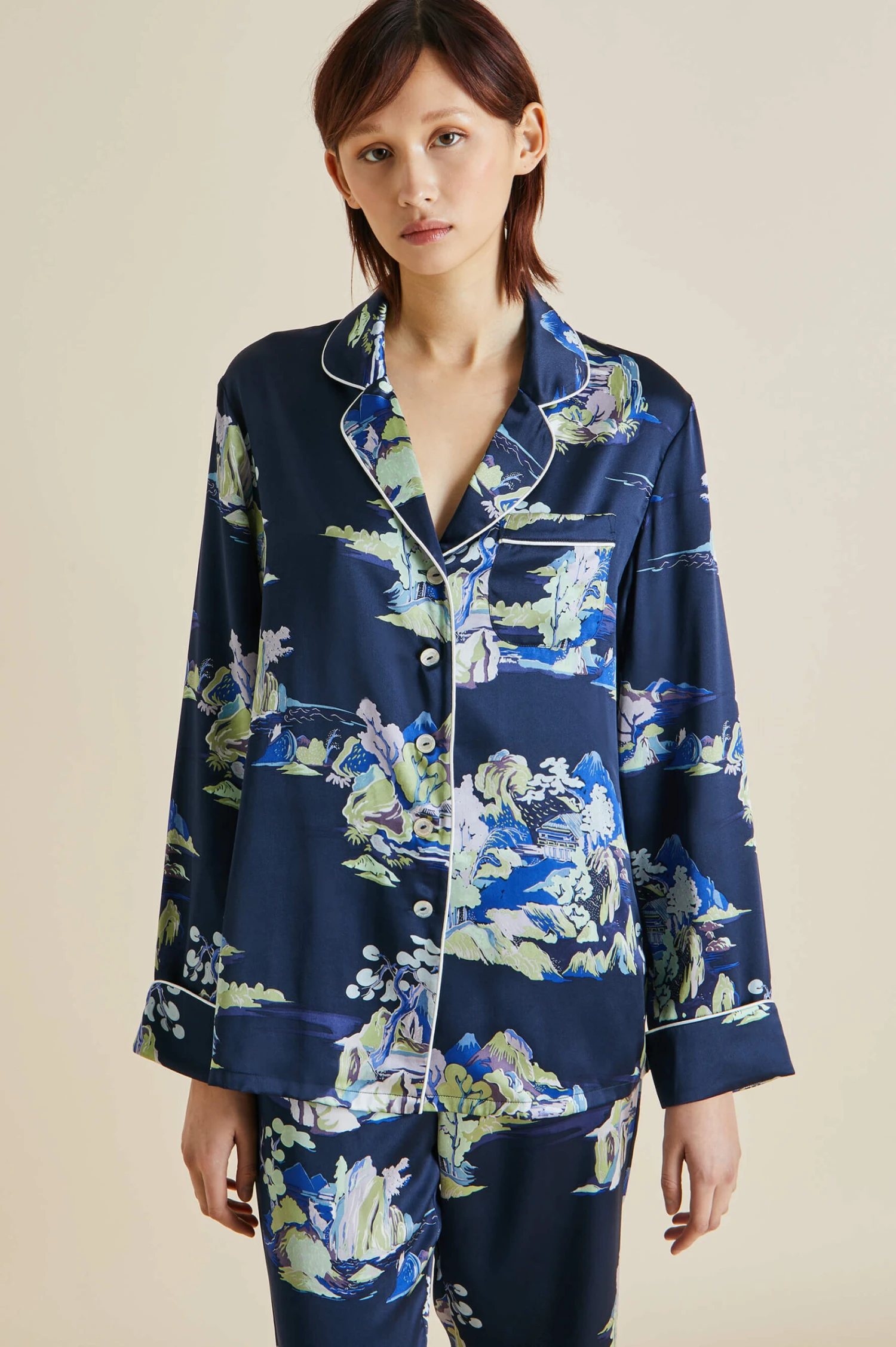 Lila Voyage Navy Mountainscape Silk Satin Pajamas - Image 3