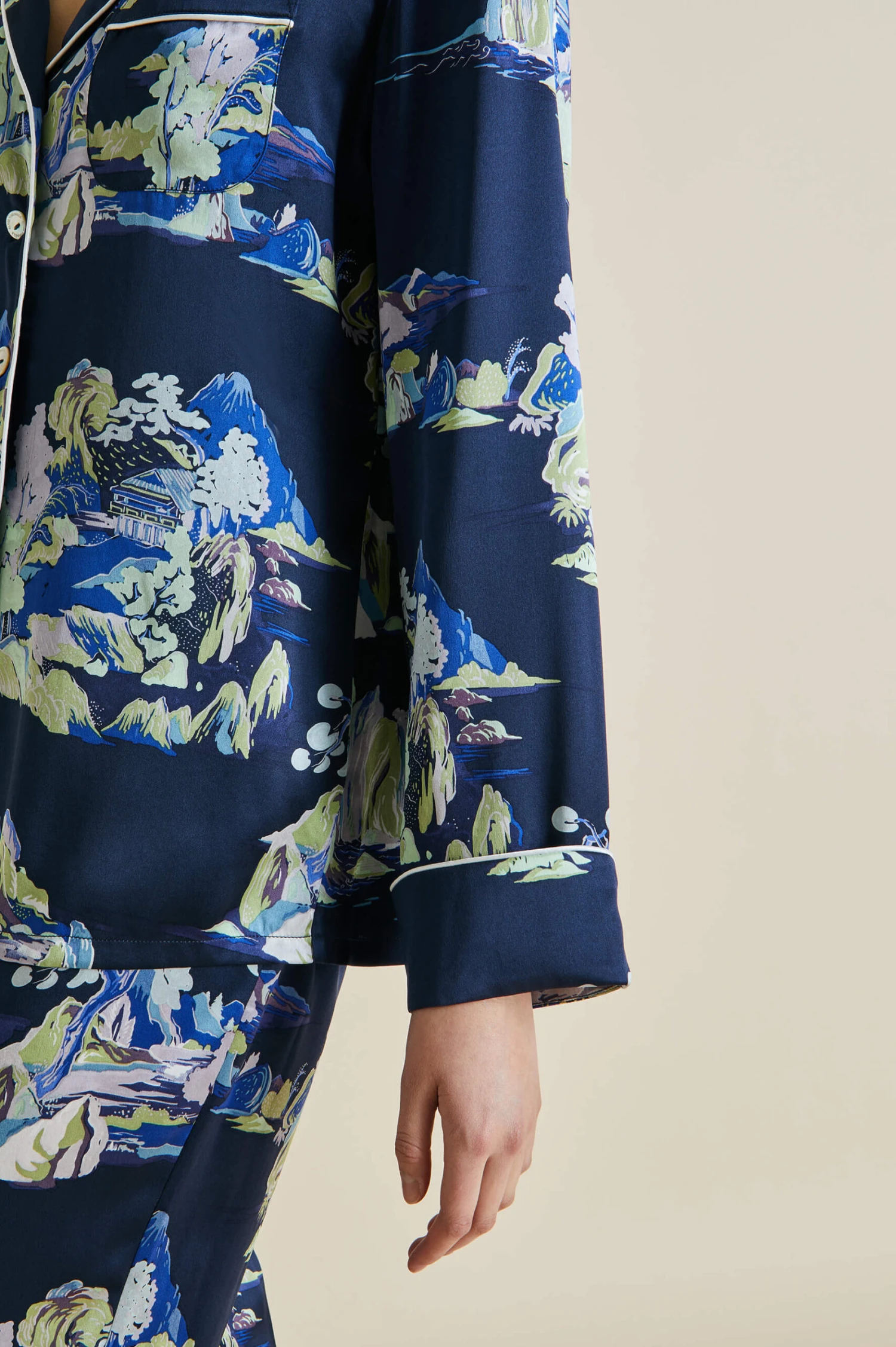 Lila Voyage Navy Mountainscape Silk Satin Pajamas - Image 6