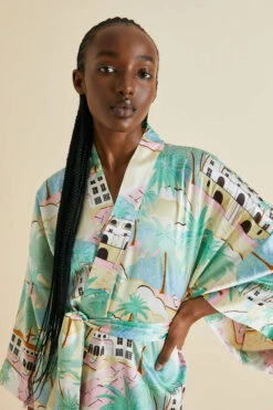 Mimi Pampelonne Green Palm Silk Satin Robe