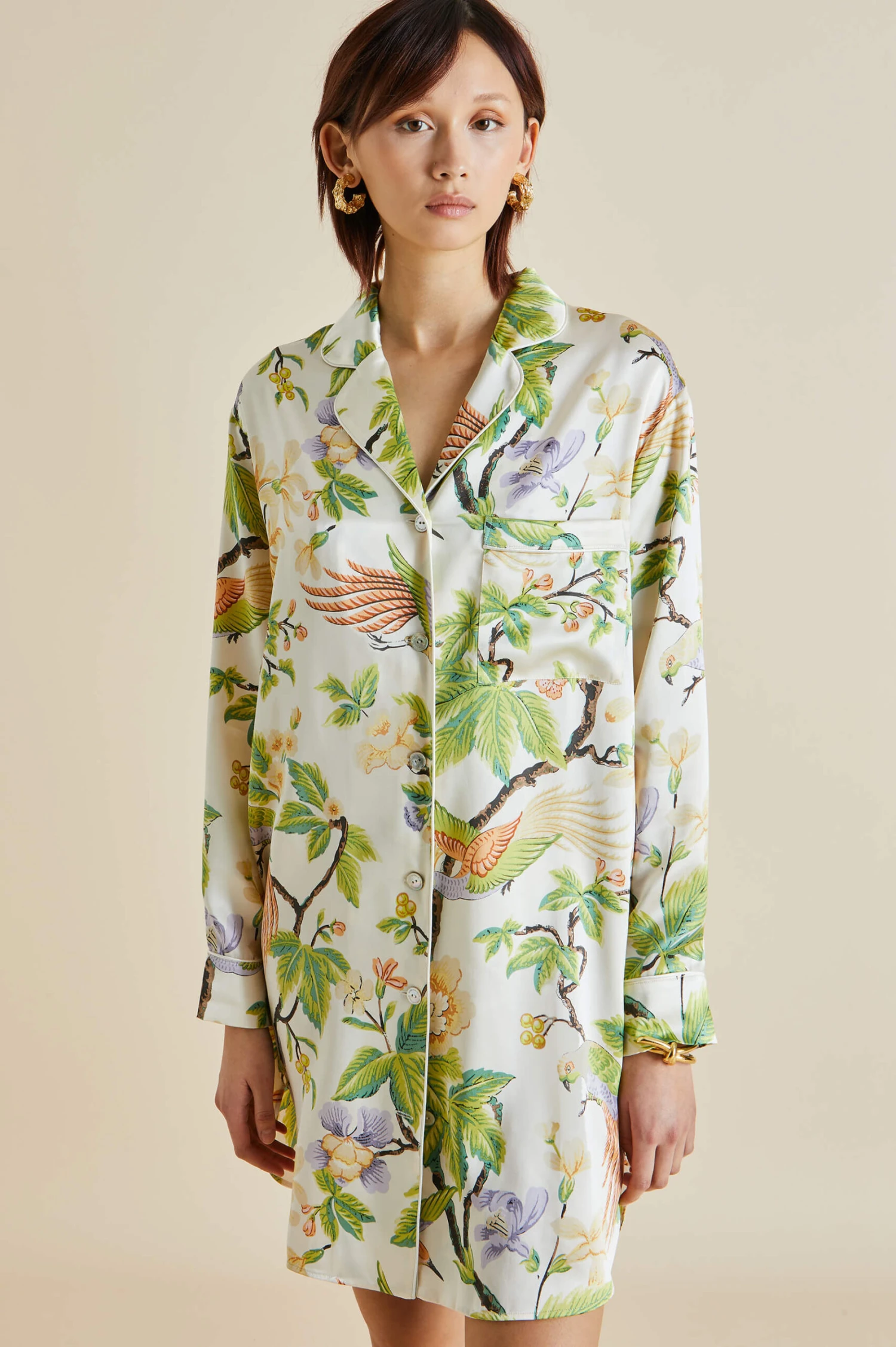 Poppy Adisorn Cream Floral Silk Satin Nightshirt - Image 3