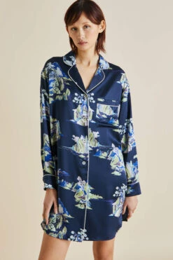 Poppy Voyage Navy Mountainscape Silk Satin Nightshirt