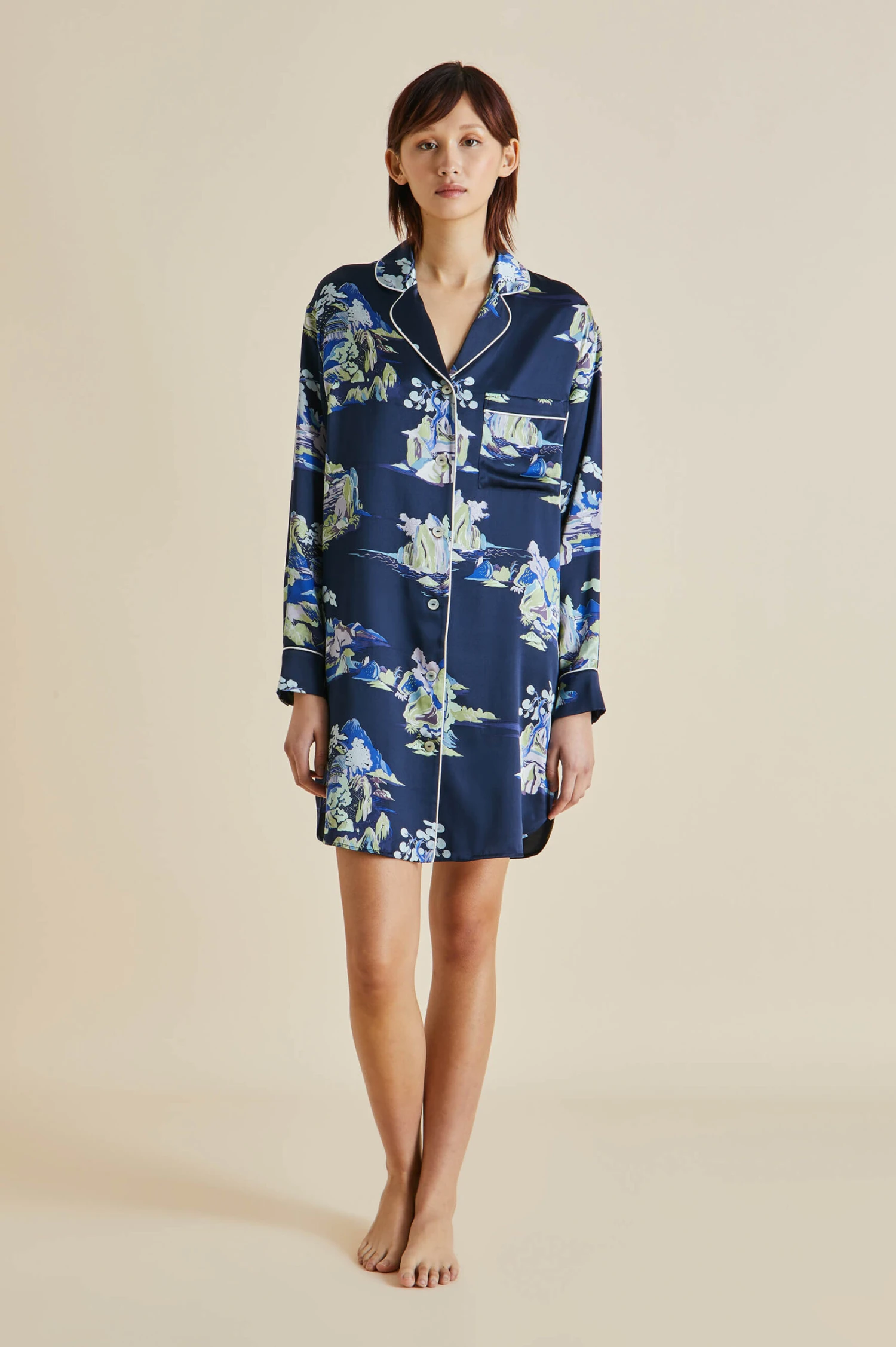 Poppy Voyage Navy Mountainscape Silk Satin Nightshirt - Image 3