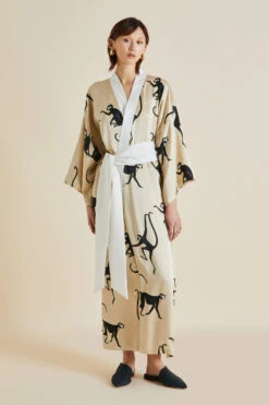 Queenie Macaque Cream Monkey Silk Satin Robe