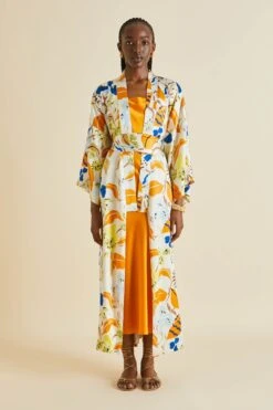 Queenie Feliu Cream Floral Silk Satin Robe