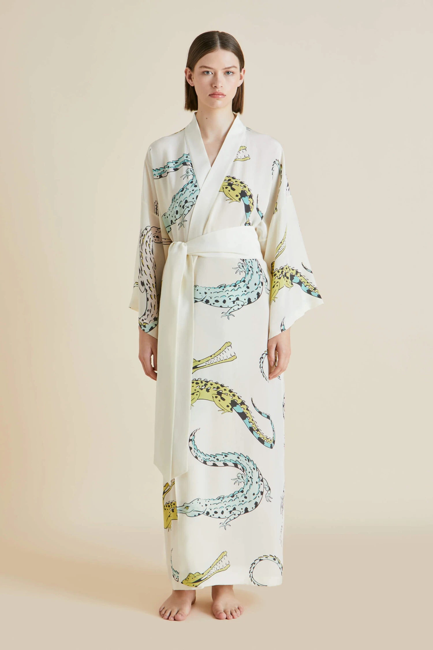 Queenie Cream Crocodile Silk Crêpe De Chine Robe