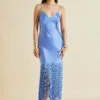 Zoya Blue Fringed Silk Satin Slip Dress