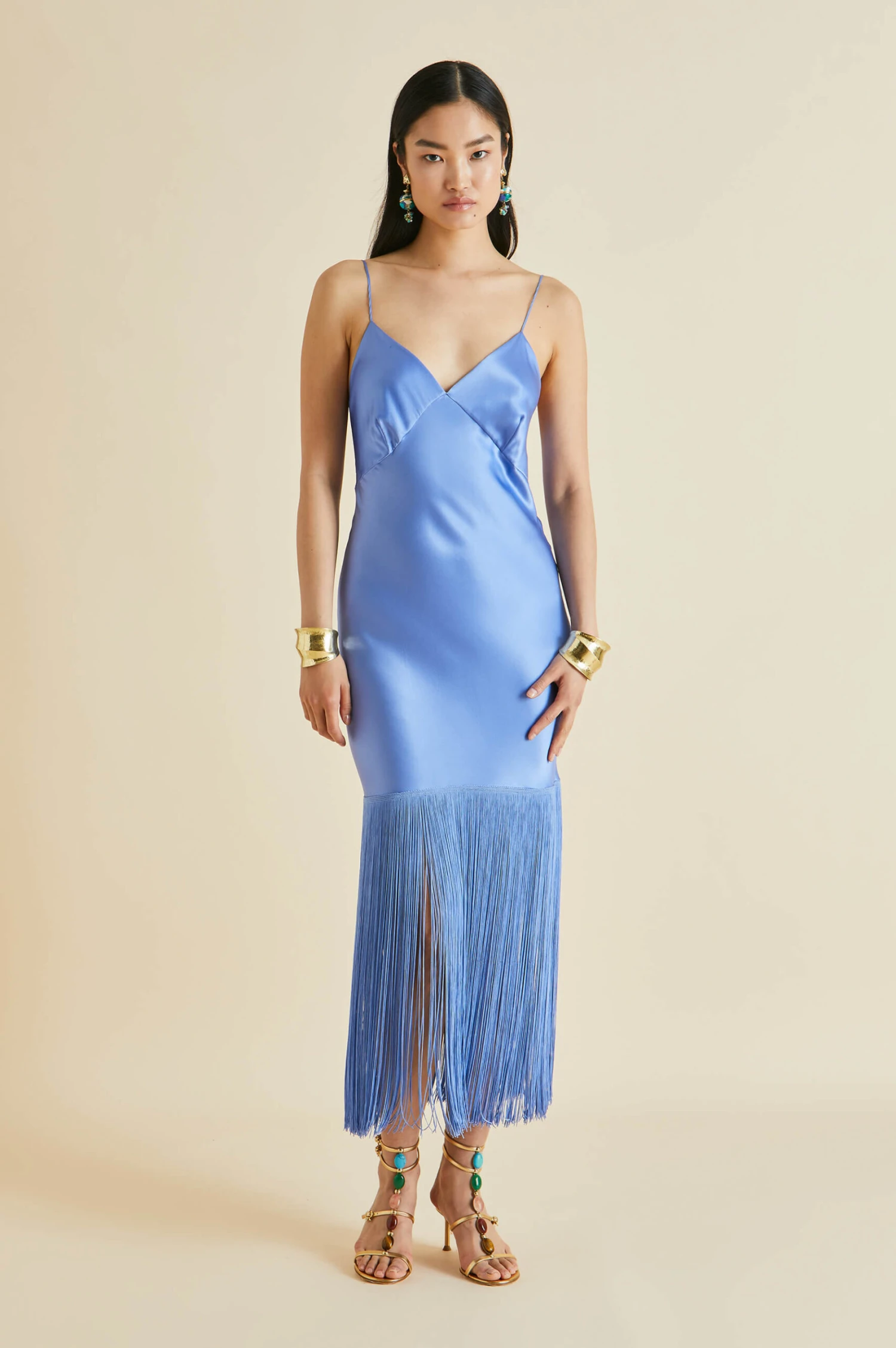 Zoya Blue Fringed Silk Satin Slip Dress