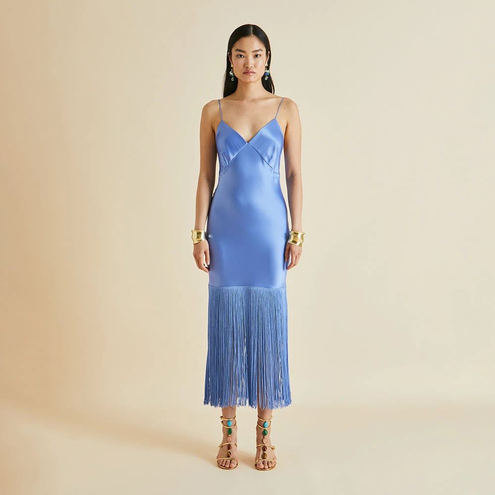 Zoya Blue Fringed Silk Satin Slip Dress - Image 2