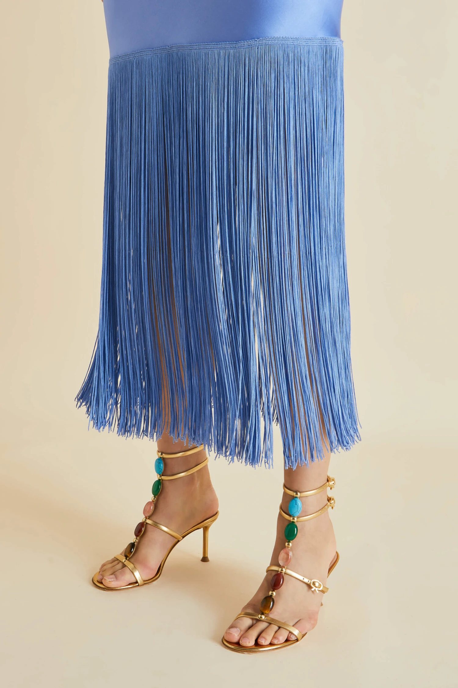 Zoya Blue Fringed Silk Satin Slip Dress - Image 4