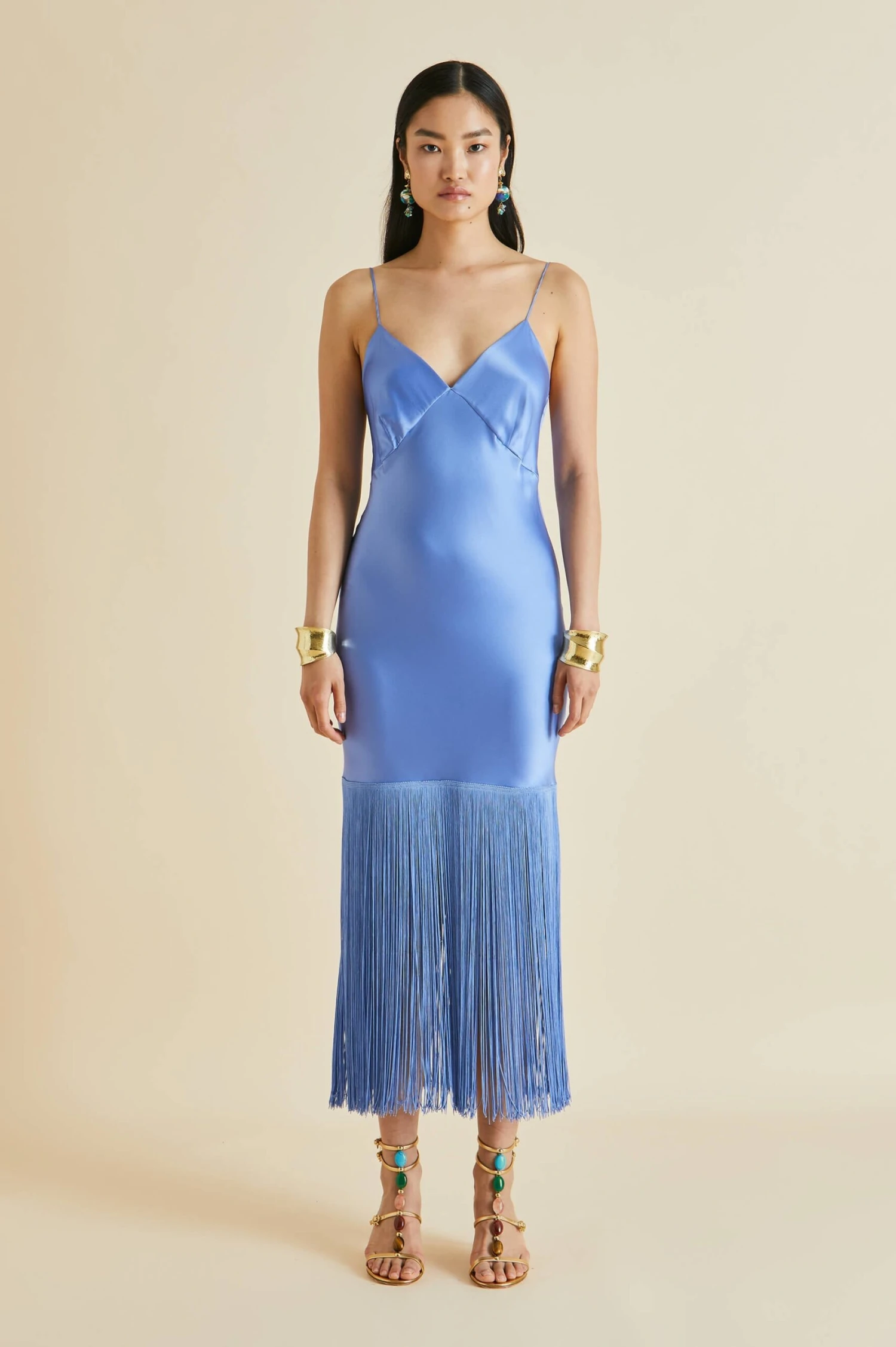 Zoya Blue Fringed Silk Satin Slip Dress - Image 5