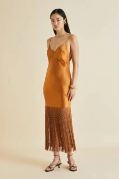 Zoya Bronze Fringed Silk Satin Slip Dress