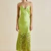Zoya Palm Green Silk Satin Fringed Slip Dress