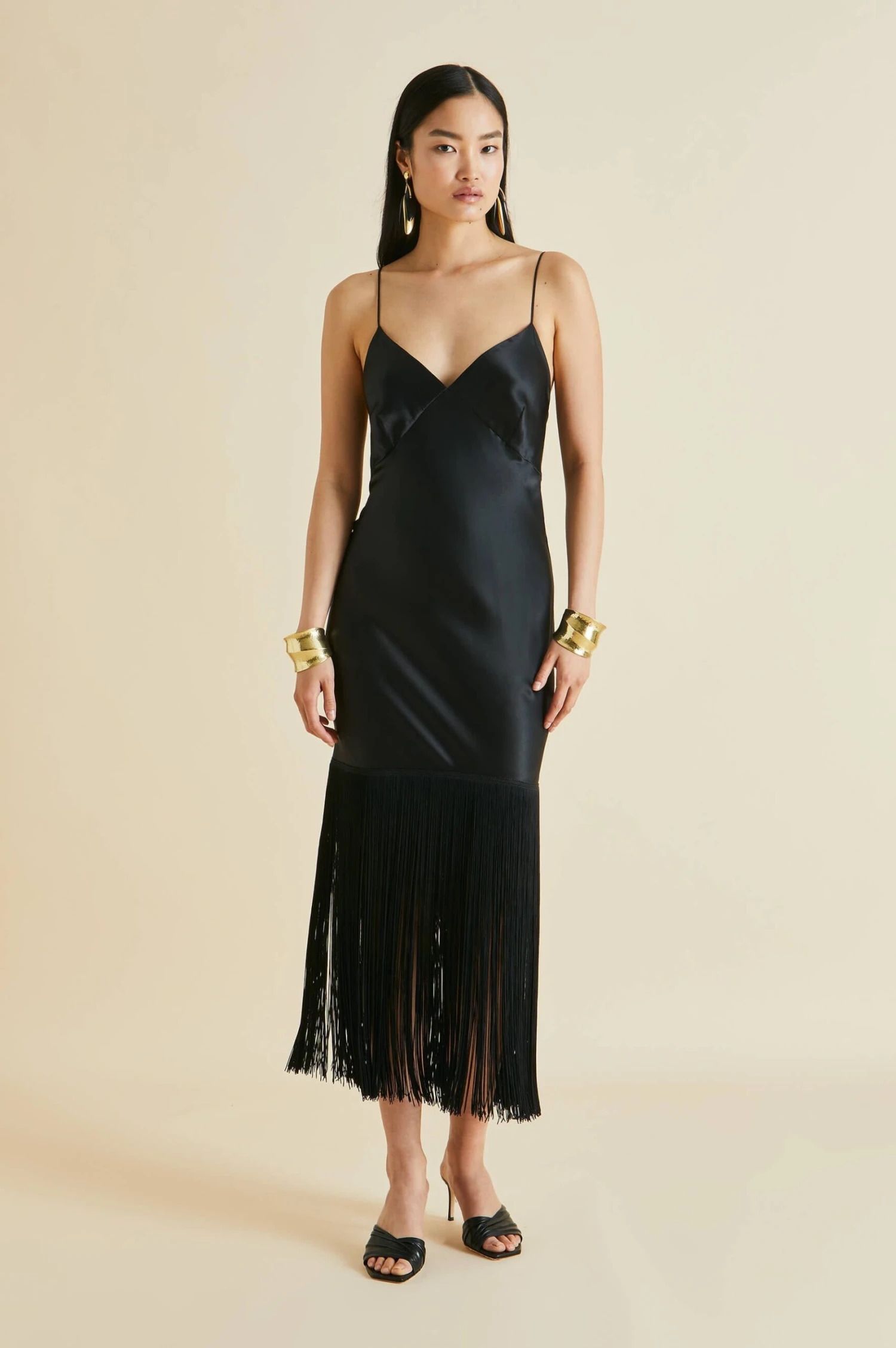 Zoya Black Fringed Silk Satin Slip Dress