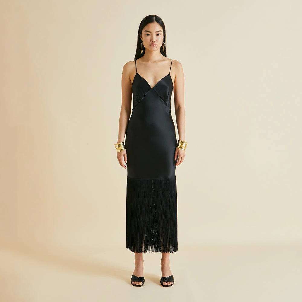 Zoya Black Fringed Silk Satin Slip Dress - Image 2