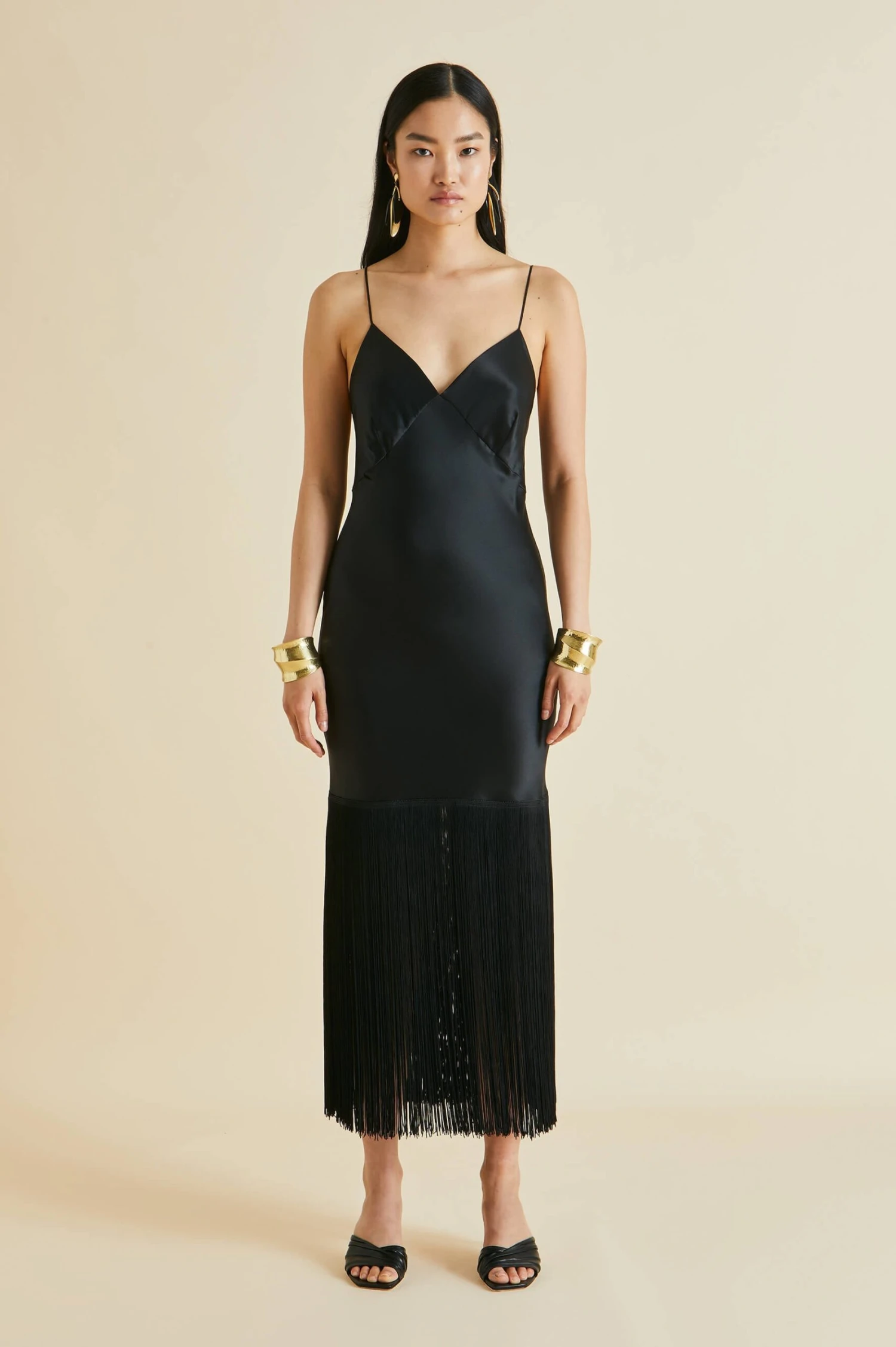 Zoya Black Fringed Silk Satin Slip Dress - Image 5