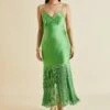 Zoya Parakeet Green Fringed Silk Satin Slip Dress