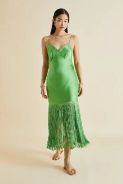 Zoya Parakeet Green Fringed Silk Satin Slip Dress