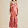 Zoya Rose Pink Silk Satin Fringed Slip Dress