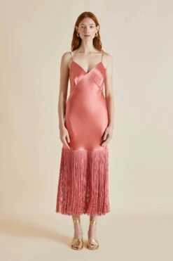 Zoya Rose Pink Silk Satin Fringed Slip Dress