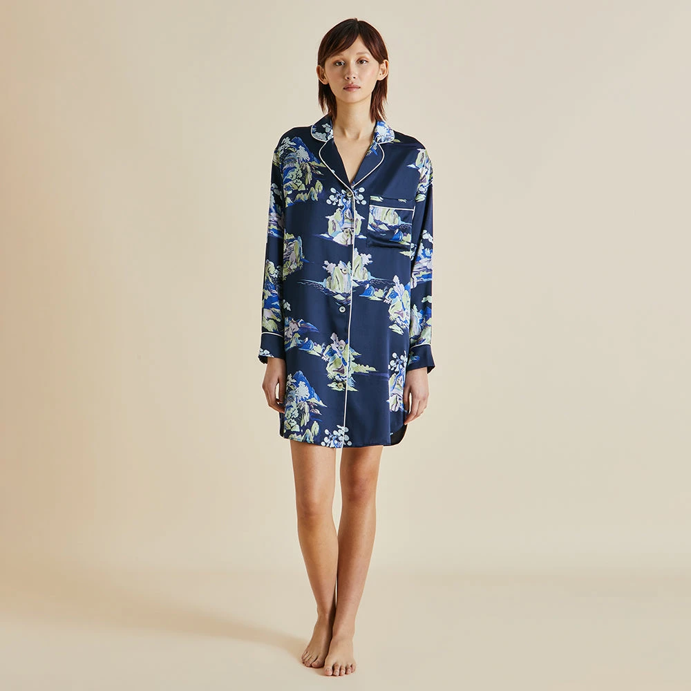 Poppy Voyage Navy Mountainscape Silk Satin Nightshirt - Image 2